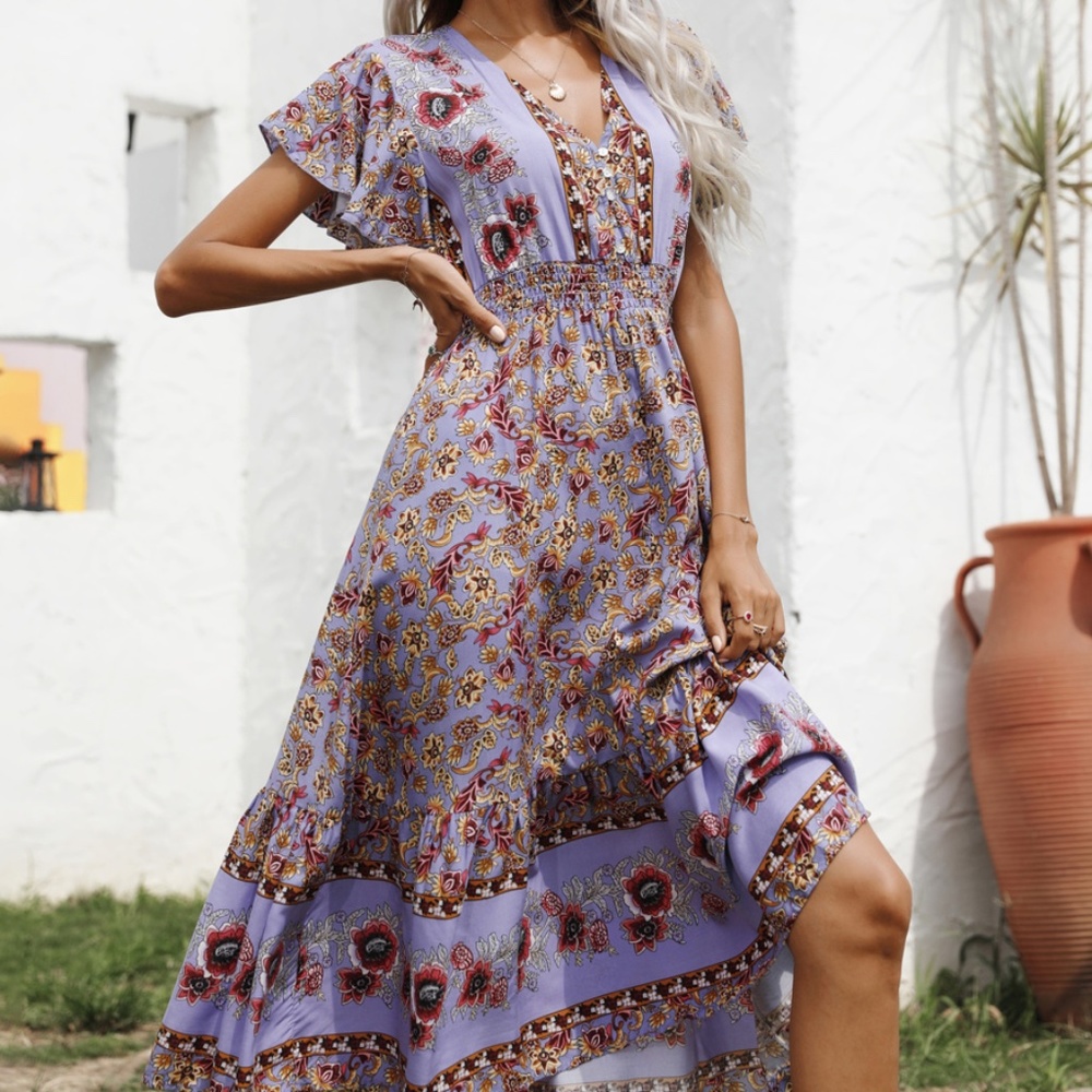 Boho Purple Butterfly Sleeve V neck Midi Dress